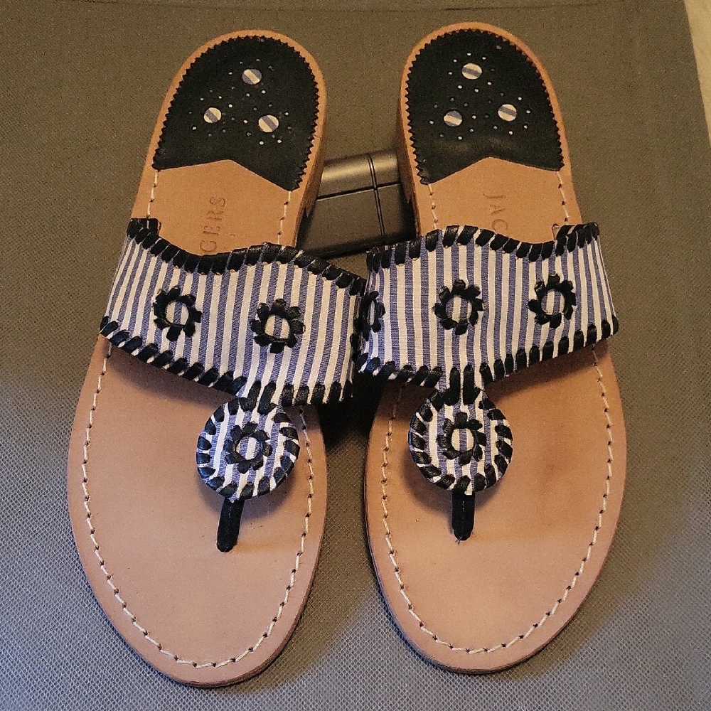 Jack Rogers Black and Tan Striped Toe Thong Sandals Wo's Size 10 Used